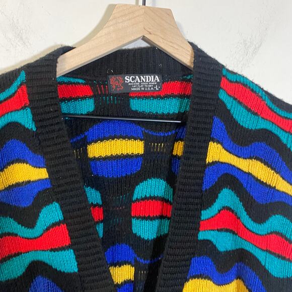 Scandia Vintage Colorful Wavy Stripe 3D Knit Sweater Vest Button Down Sz L - Picture 3 of 8